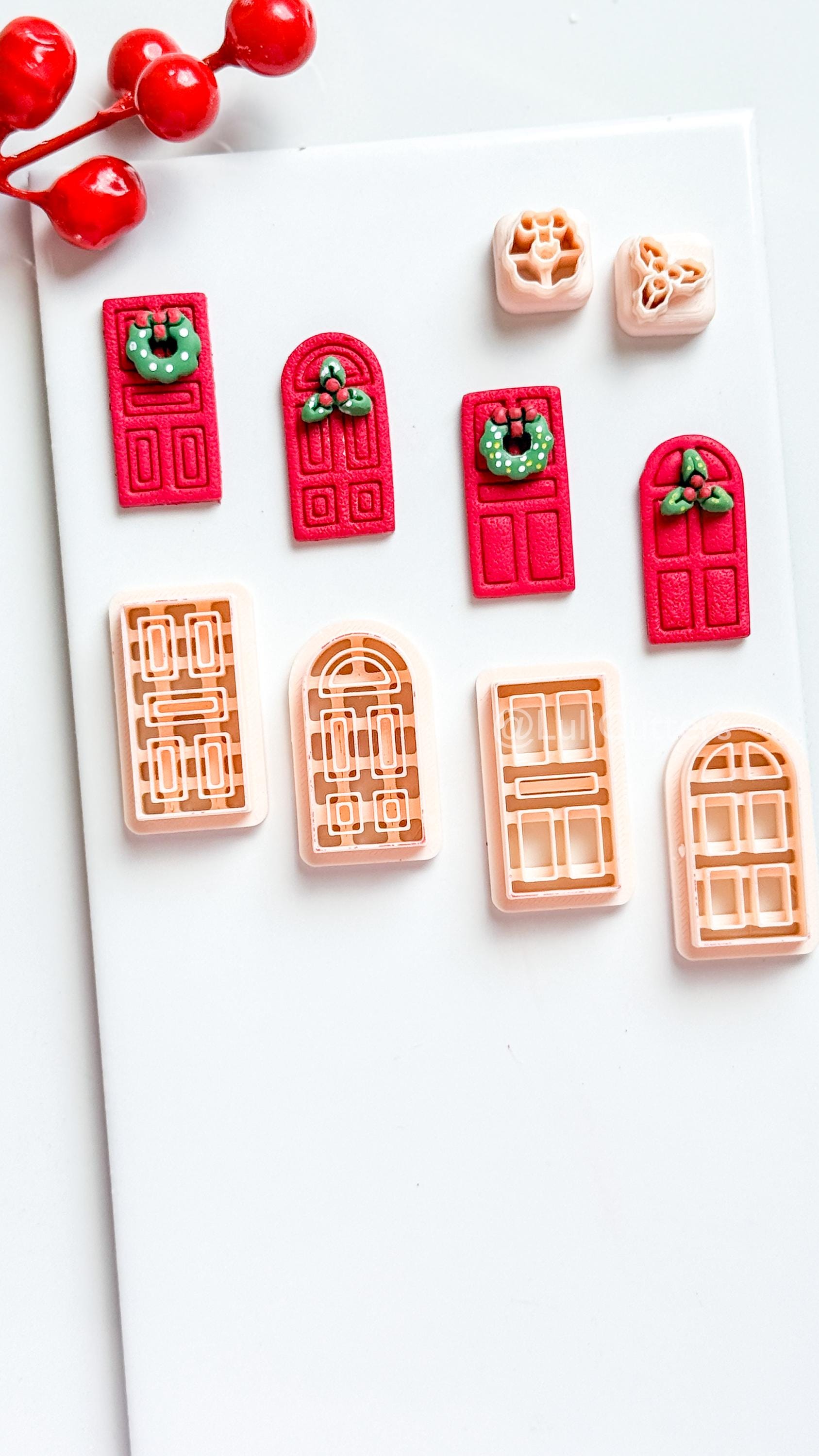 Christmas Door Clay Cutter Set – 4 Festive Door Shapes + Wreath & Holly Toppers