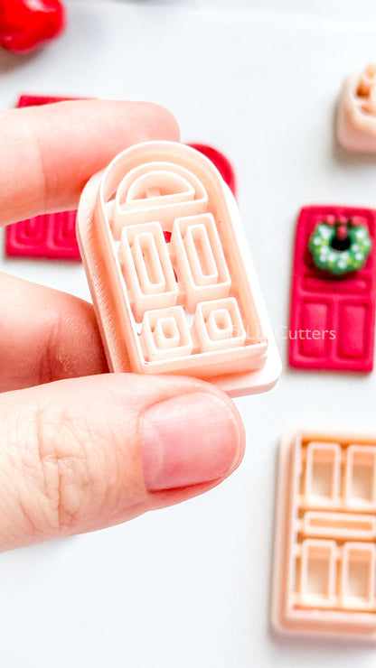 Christmas Door Clay Cutter Set – 4 Festive Door Shapes + Wreath & Holly Toppers