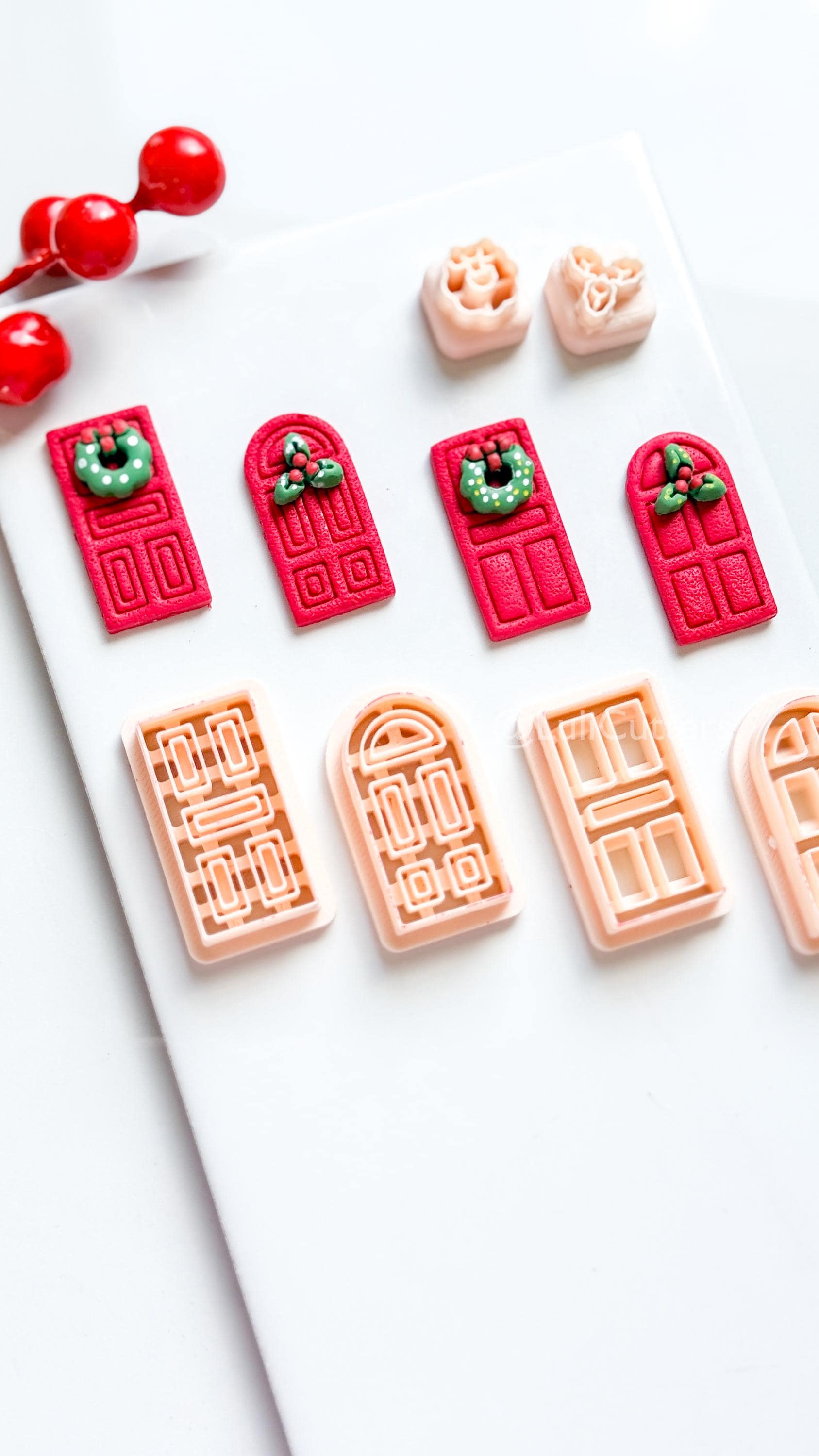Christmas Door Clay Cutter Set – 4 Festive Door Shapes + Wreath & Holly Toppers