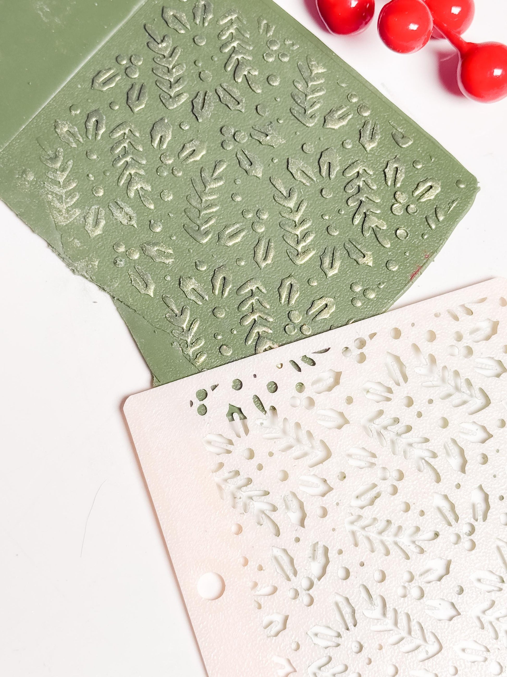 Holly Leaf Christmas Stencil – Festive Berries Pattern for Polymer Clay and Crafts