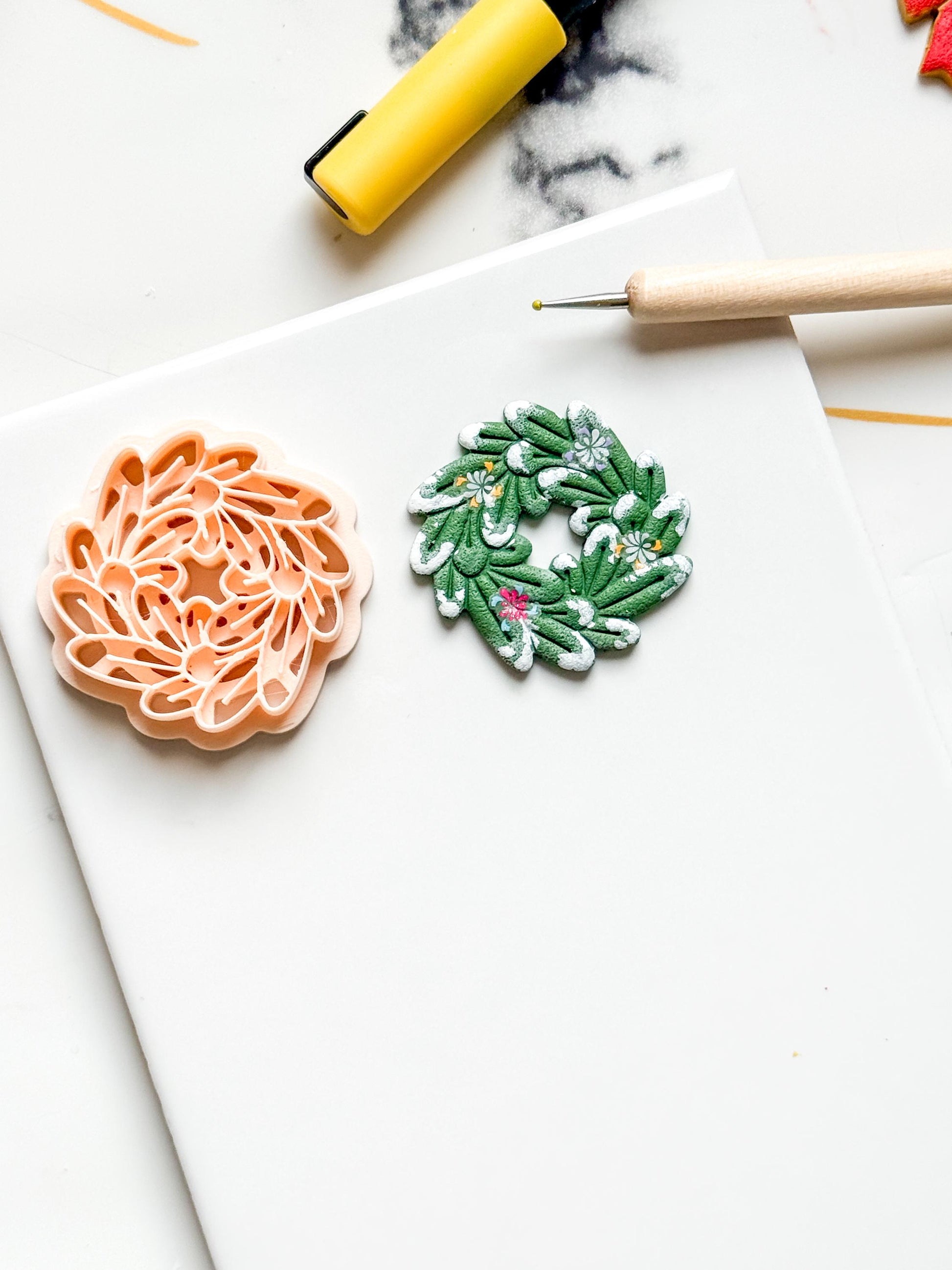 Christmas Wreath Clay Cutter Set: Bow and Leaf Polymer Clay Tools