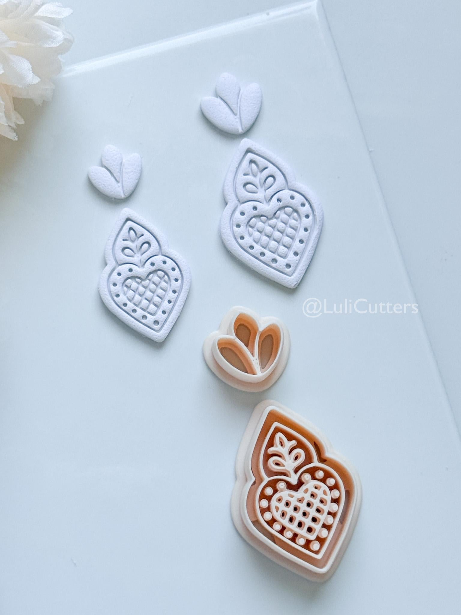 Nova Rue Polymer Clay Cutter: Folk Heart Lattice Design for Earrings