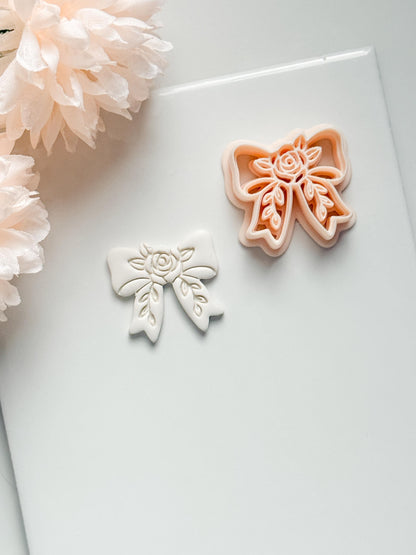 Bow Rosa Floral Clay Cutter: Rose Bloom Bow with Leaf Details