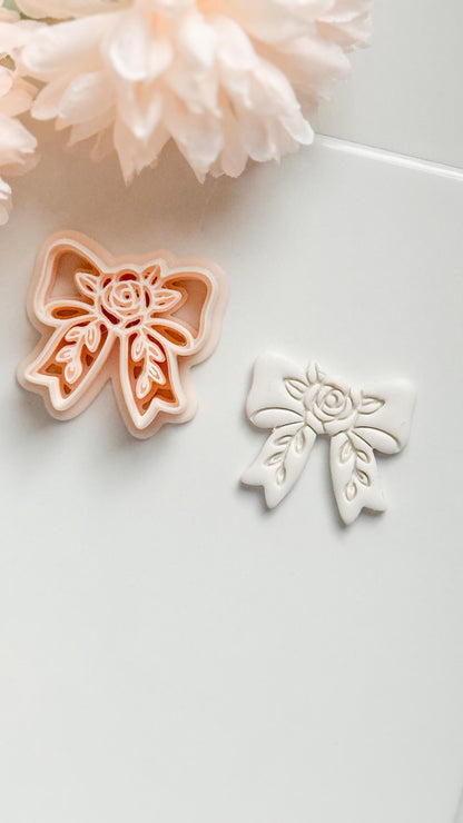 Bow Rosa Floral Clay Cutter: Rose Bloom Bow with Leaf Details