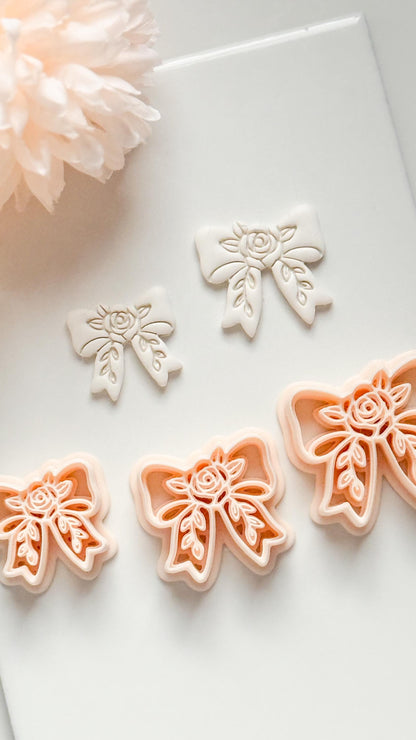 Bow Rosa Floral Clay Cutter: Rose Bloom Bow with Leaf Details