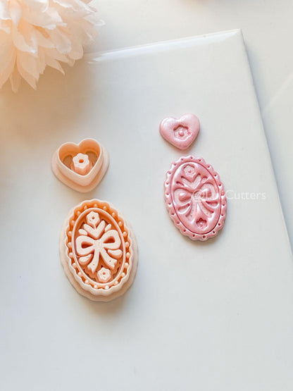 Amelia Bow & Floral Clay Cutter: Oval Pendant and Heart Topper Set
