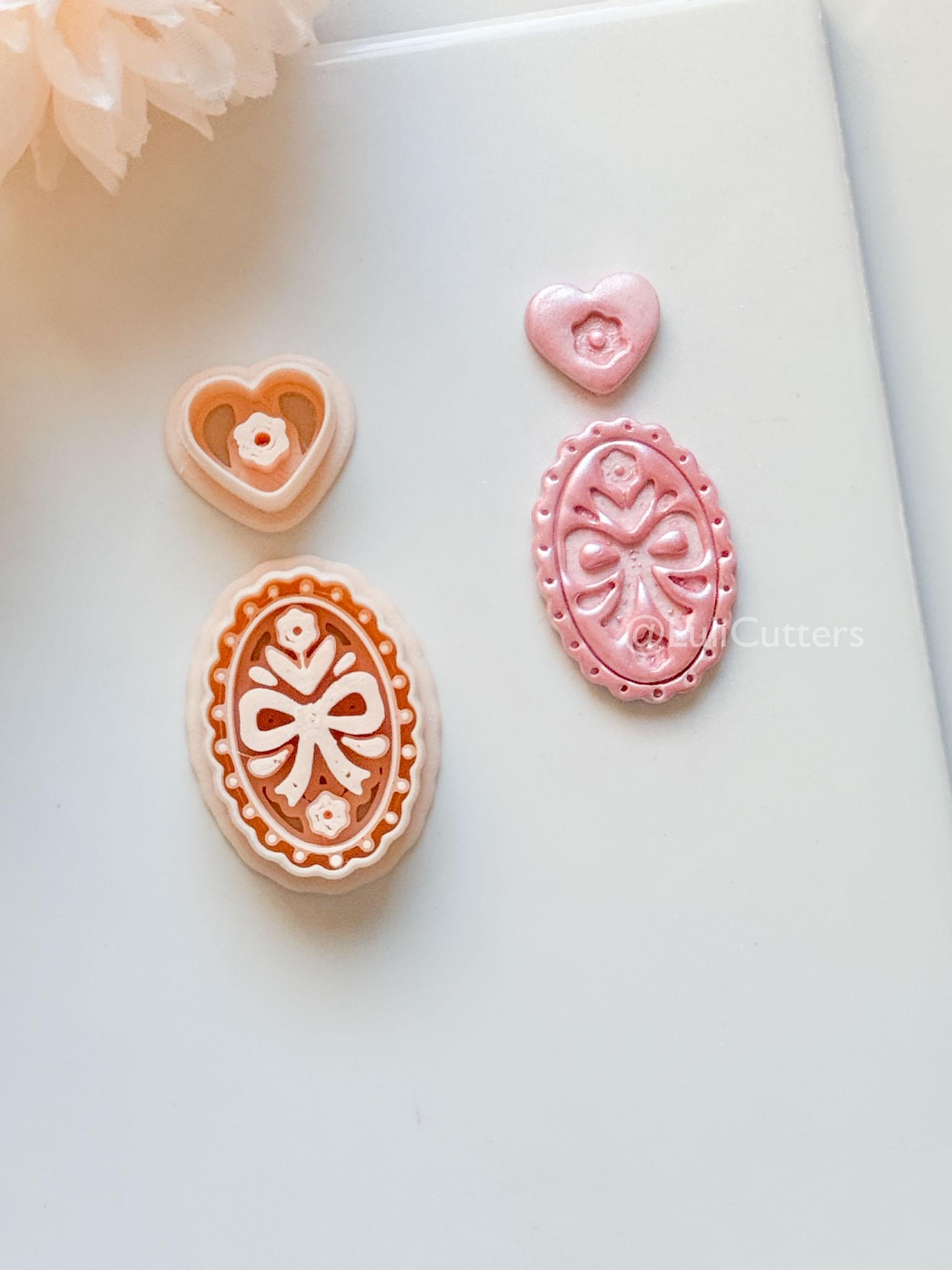 Amelia Bow & Floral Clay Cutter: Oval Pendant and Heart Topper Set