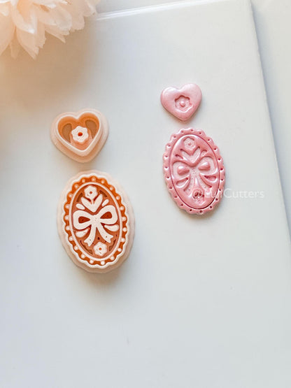 Amelia Bow & Floral Clay Cutter: Oval Pendant and Heart Topper Set