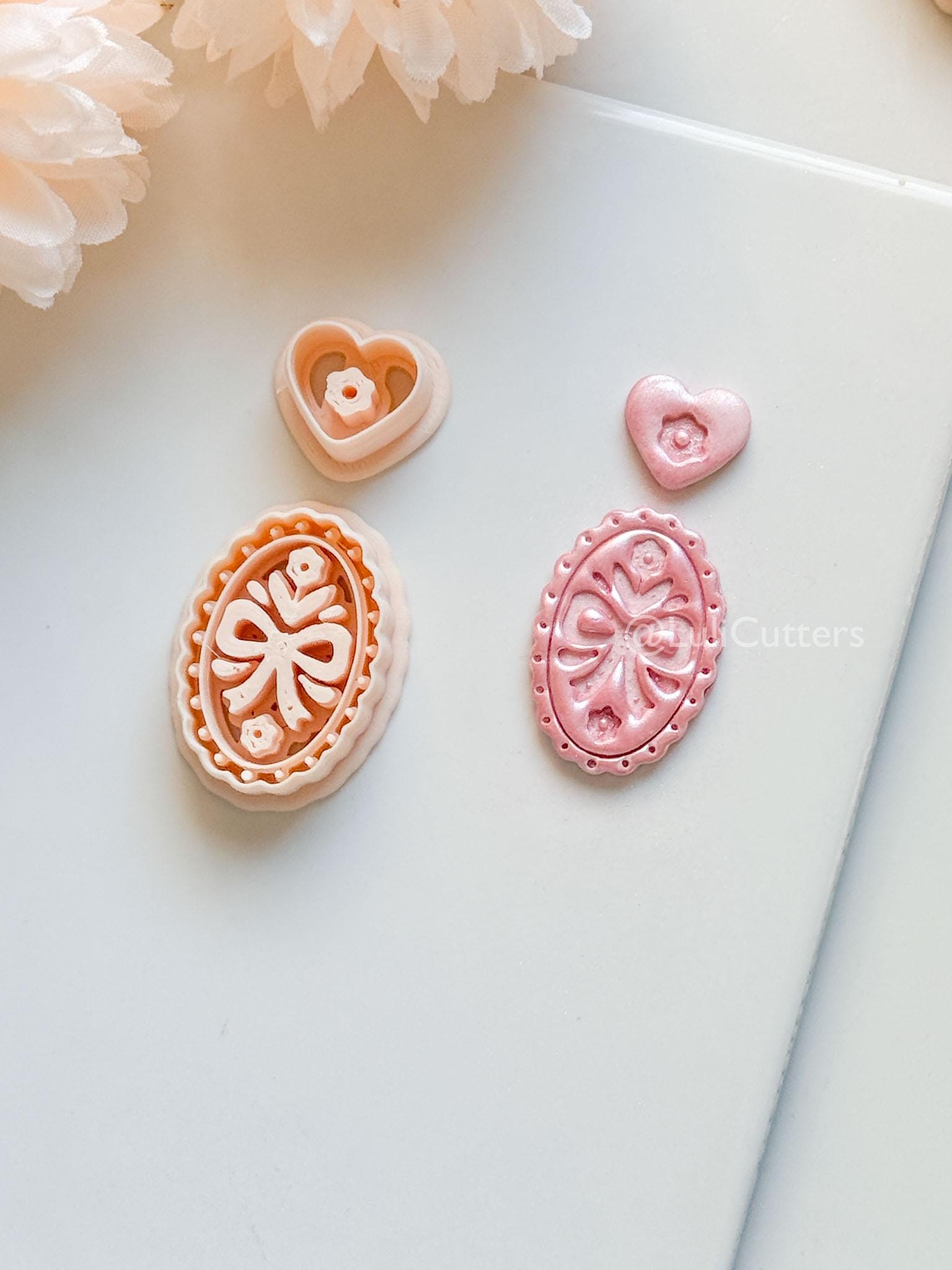 Amelia Bow & Floral Clay Cutter: Oval Pendant and Heart Topper Set