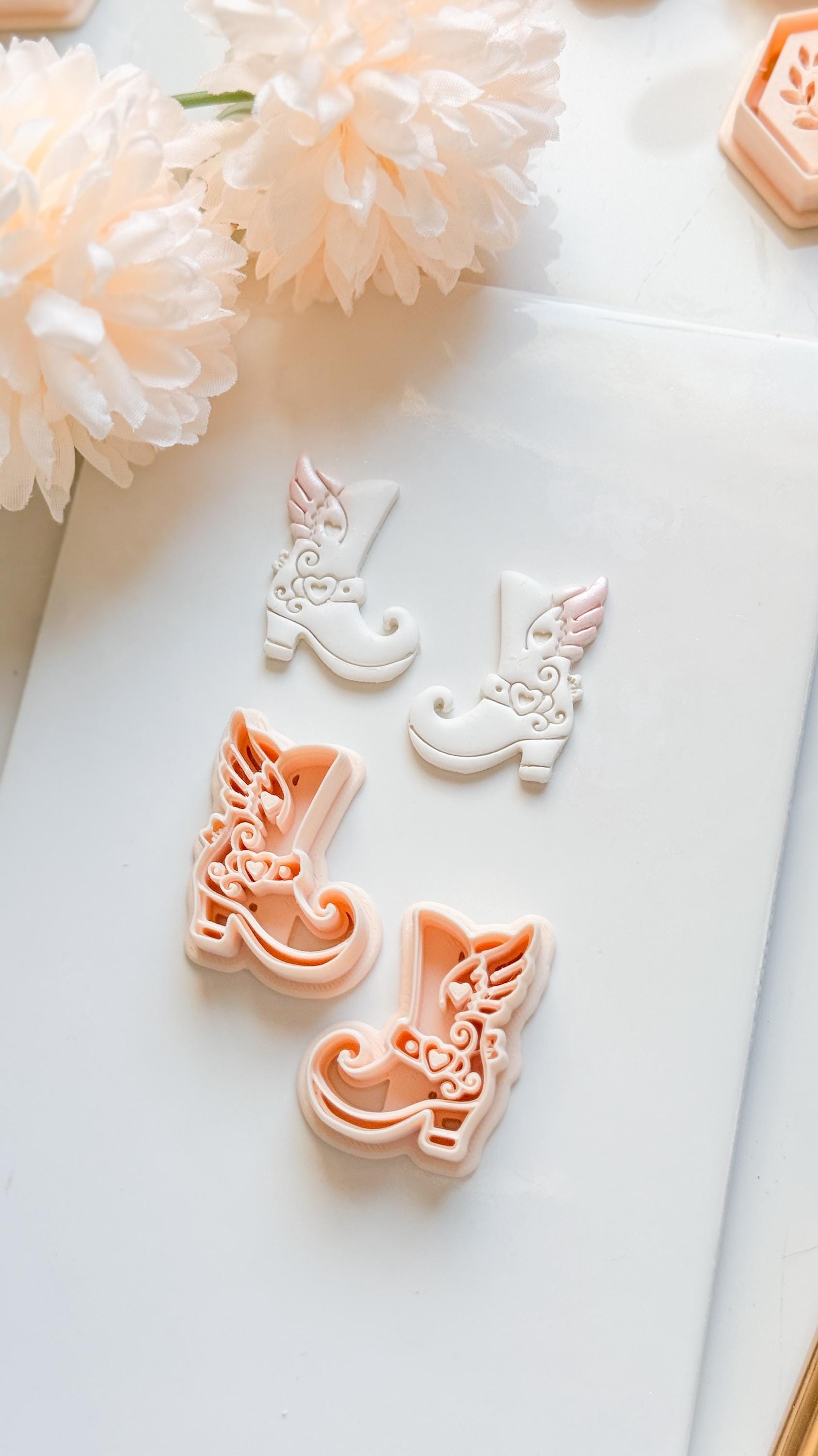 Sweetheart Boots Clay Cutter Set: Winged Boot Design with Heart Details