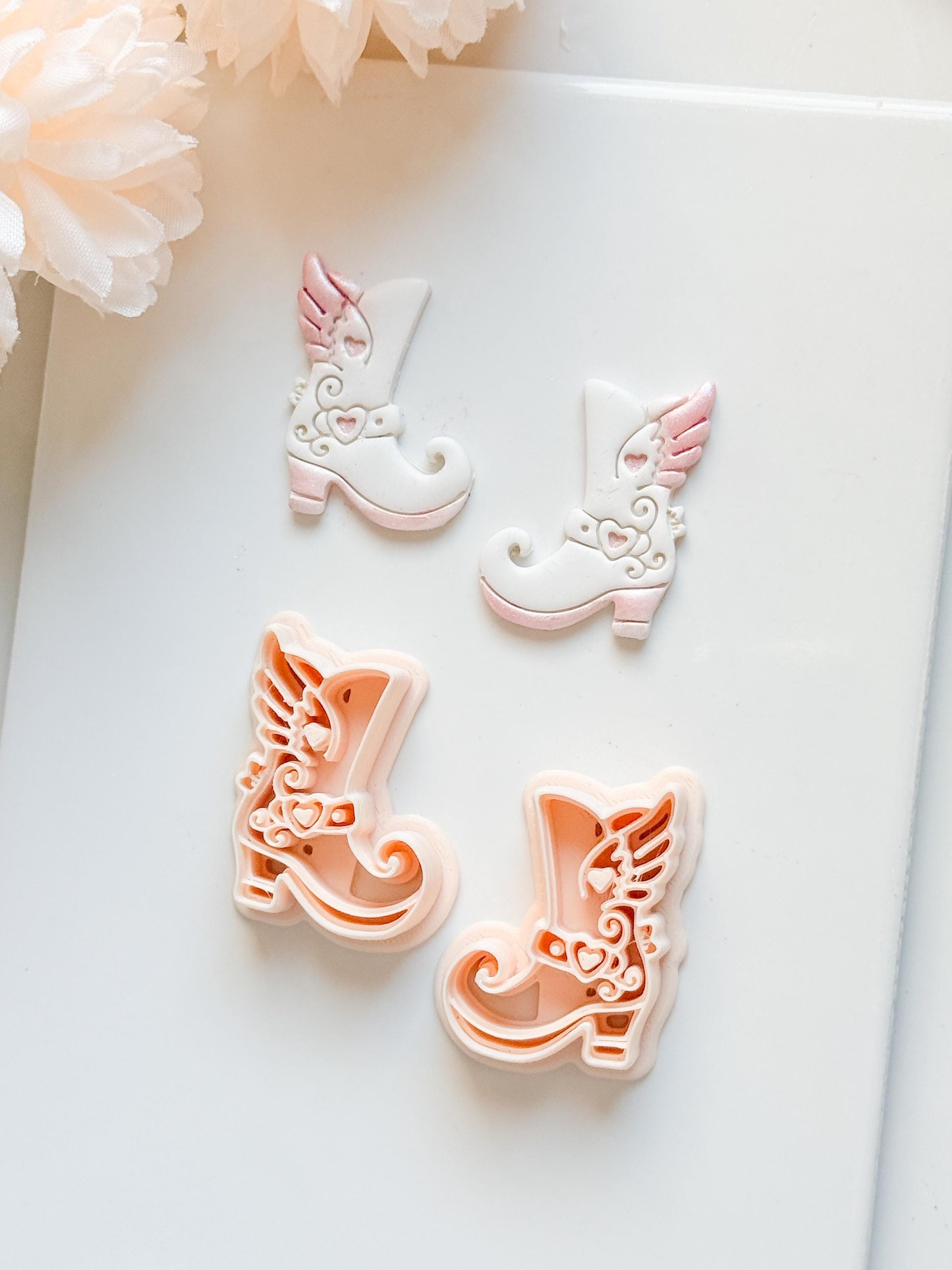 Sweetheart Boots Clay Cutter Set: Winged Boot Design with Heart Details