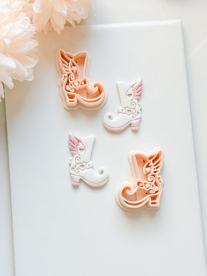 Sweetheart Boots Clay Cutter Set: Winged Boot Design with Heart Details