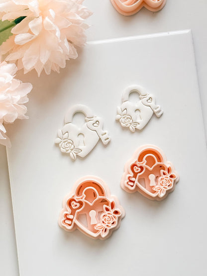 Locked in Bloom Clay Cutter: Heart Padlock with Key & Floral Detail
