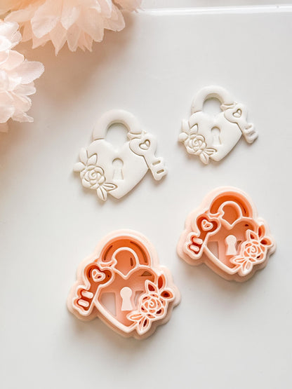 Locked in Bloom Clay Cutter: Heart Padlock with Key & Floral Detail