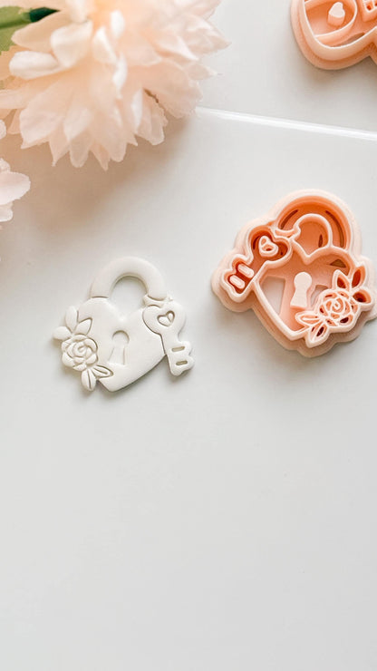 Locked in Bloom Clay Cutter: Heart Padlock with Key & Floral Detail