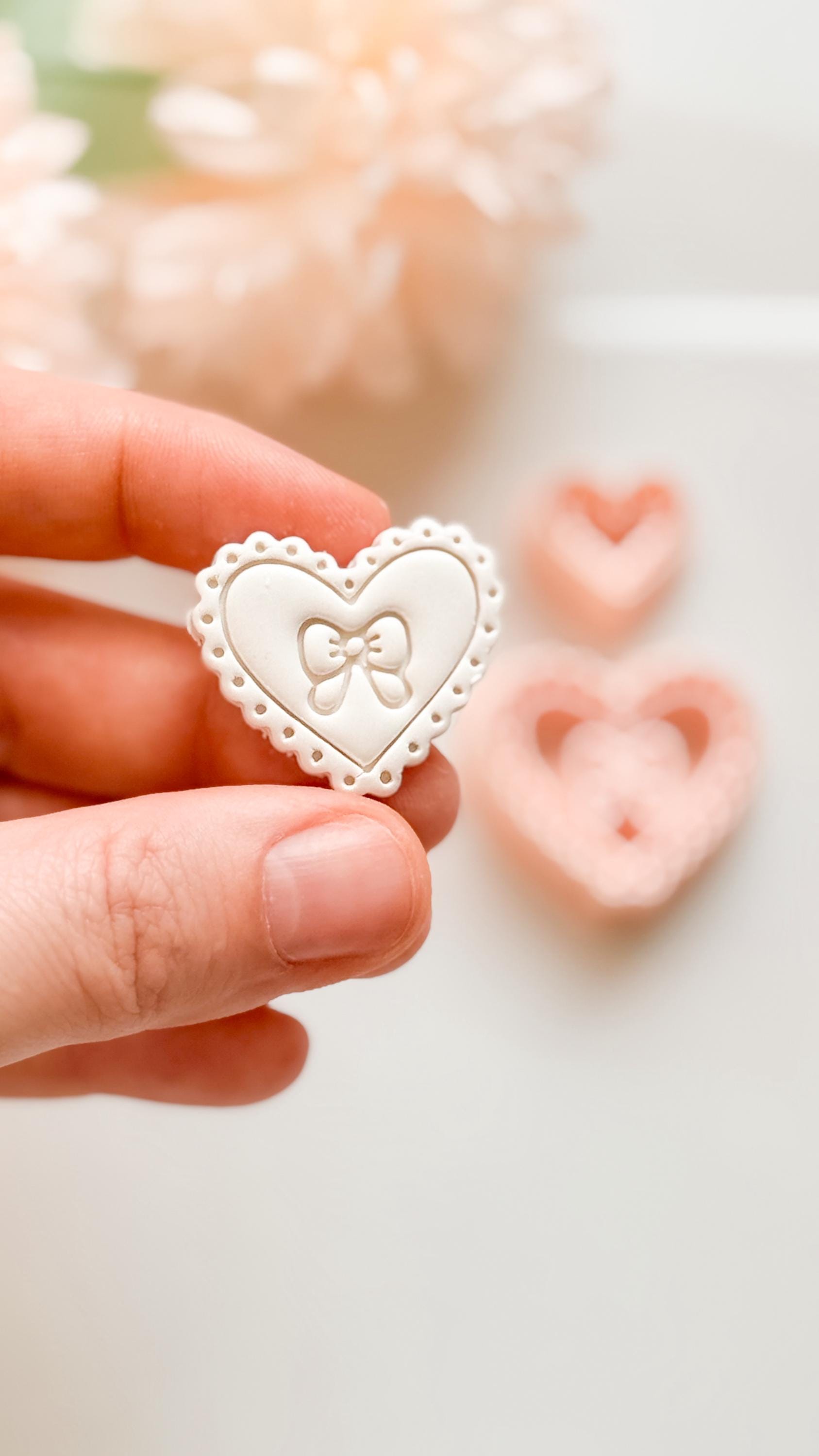 Pink Love Clay Cutter Set: Scalloped Heart with Bow & Dot Embossing
