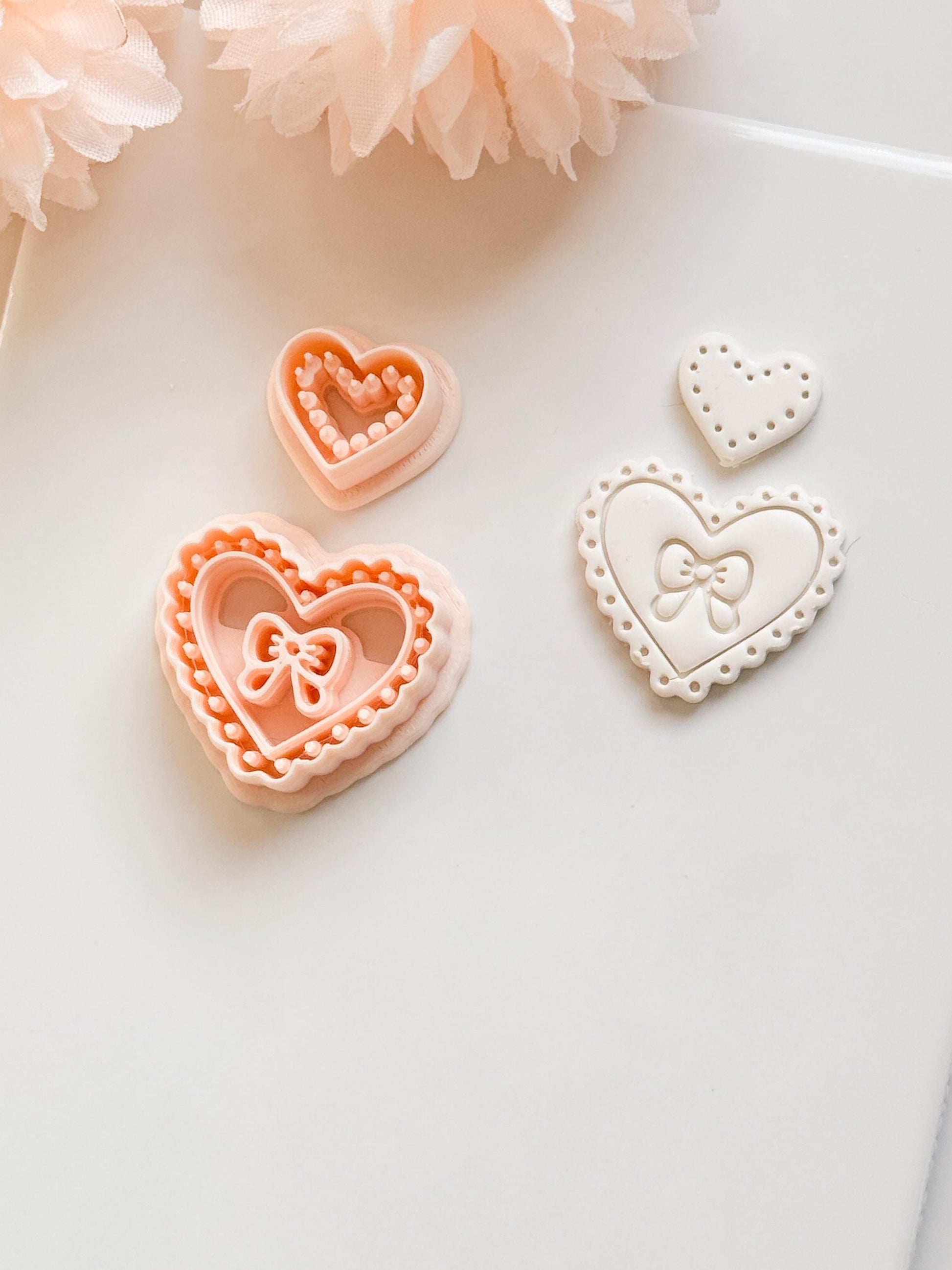 Pink Love Clay Cutter Set: Scalloped Heart with Bow & Dot Embossing