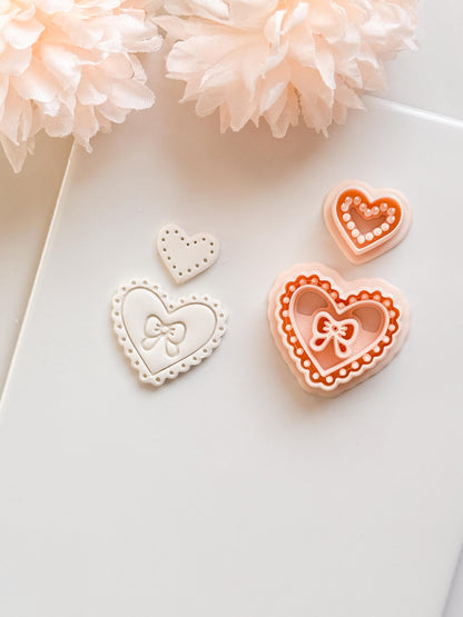 Pink Love Clay Cutter Set: Scalloped Heart with Bow & Dot Embossing