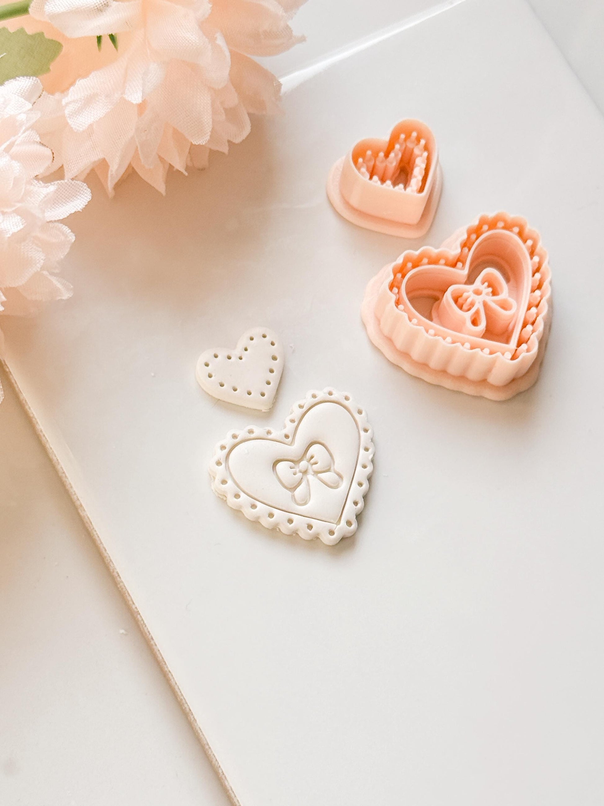 Pink Love Clay Cutter Set: Scalloped Heart with Bow & Dot Embossing