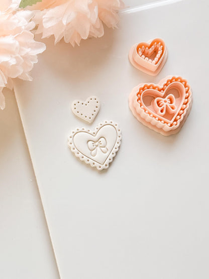 Pink Love Clay Cutter Set: Scalloped Heart with Bow & Dot Embossing