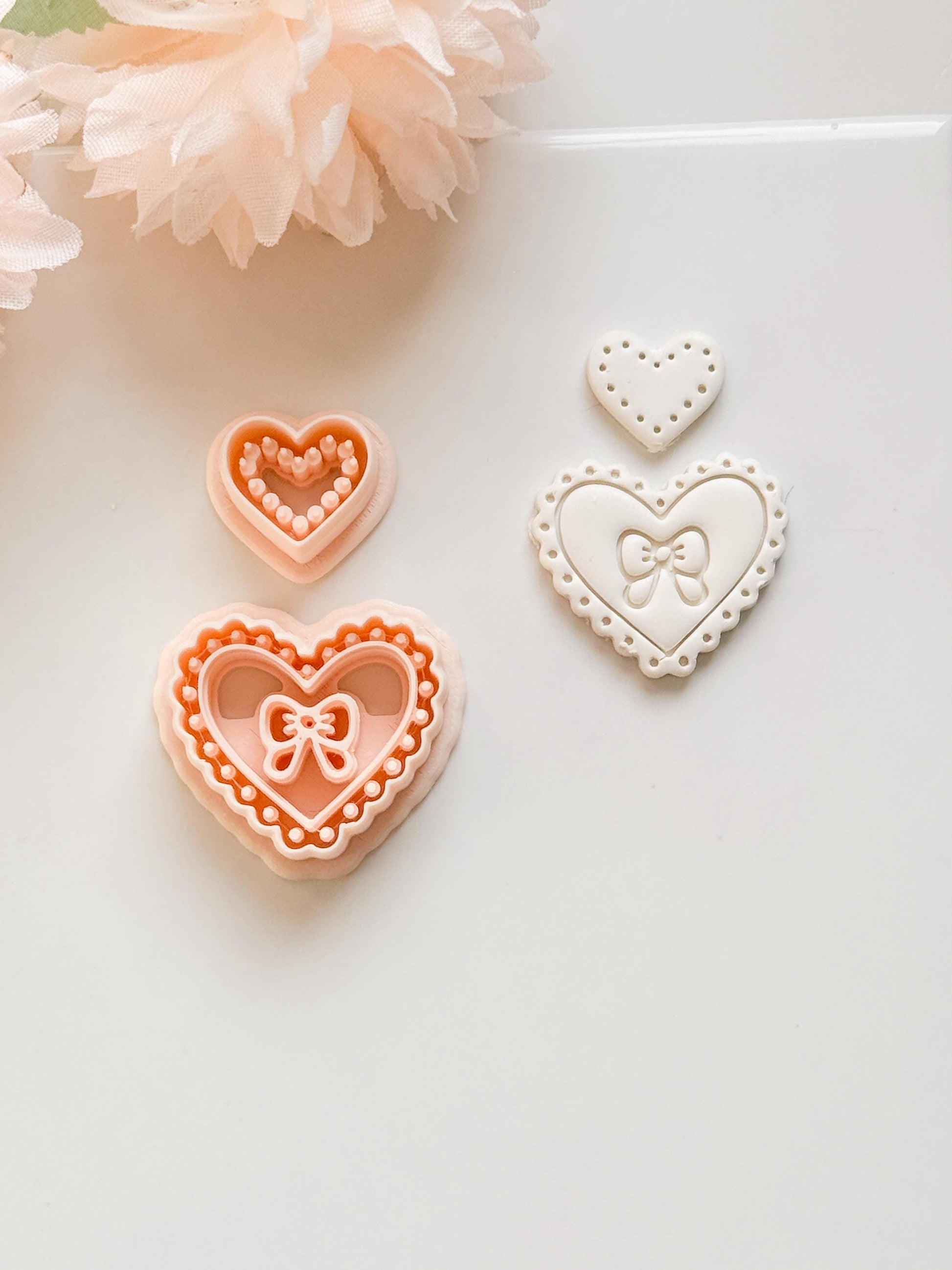 Pink Love Clay Cutter Set: Scalloped Heart with Bow & Dot Embossing