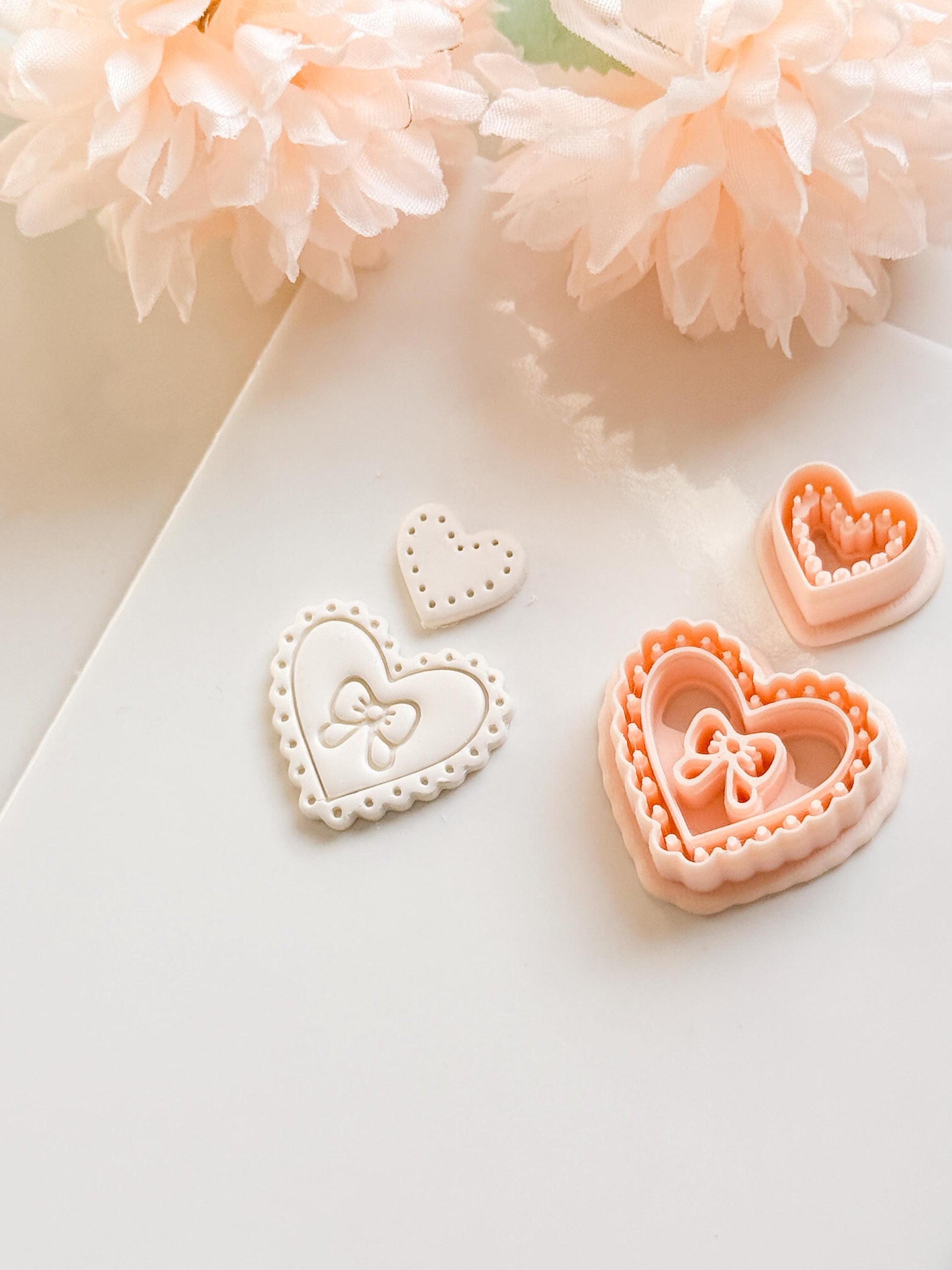 Pink Love Clay Cutter Set: Scalloped Heart with Bow & Dot Embossing