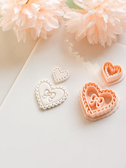 Pink Love Clay Cutter Set: Scalloped Heart with Bow & Dot Embossing