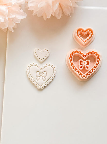Pink Love Clay Cutter Set: Scalloped Heart with Bow & Dot Embossing