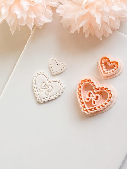 Pink Love Clay Cutter Set: Scalloped Heart with Bow & Dot Embossing