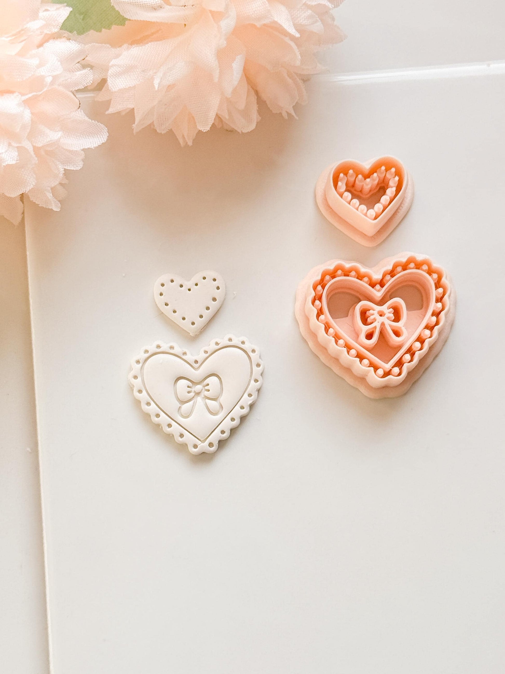 Pink Love Clay Cutter Set: Scalloped Heart with Bow & Dot Embossing