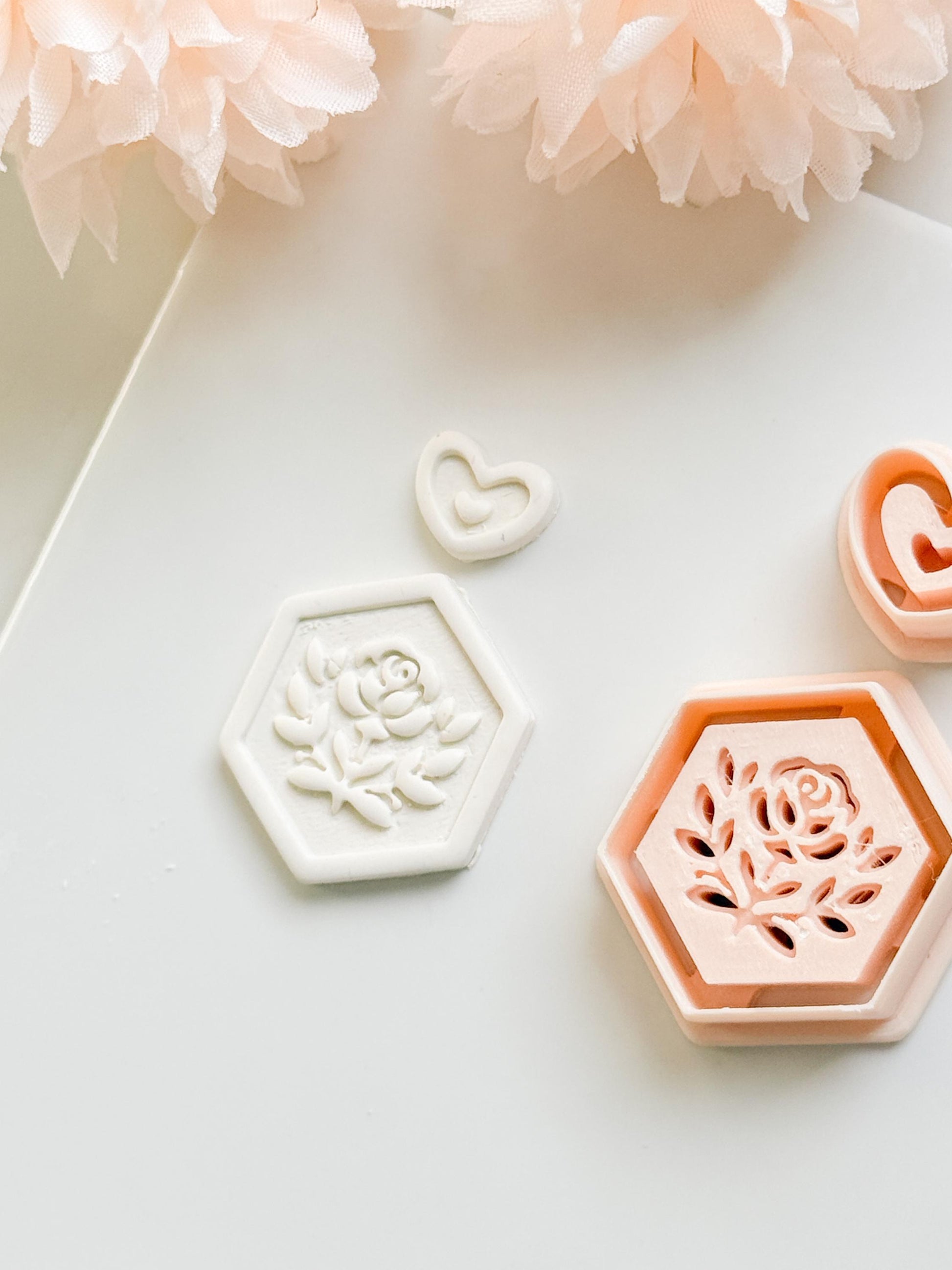 Rosa Hexa Clay Cutter Set: Hexagon Rose Embossed Design with Heart Accent