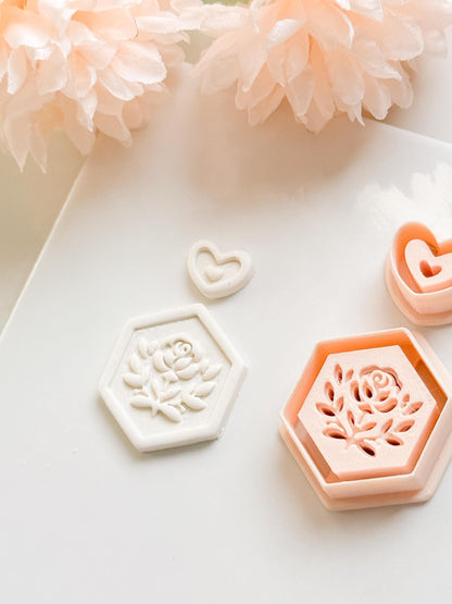 Rosa Hexa Clay Cutter Set: Hexagon Rose Embossed Design with Heart Accent