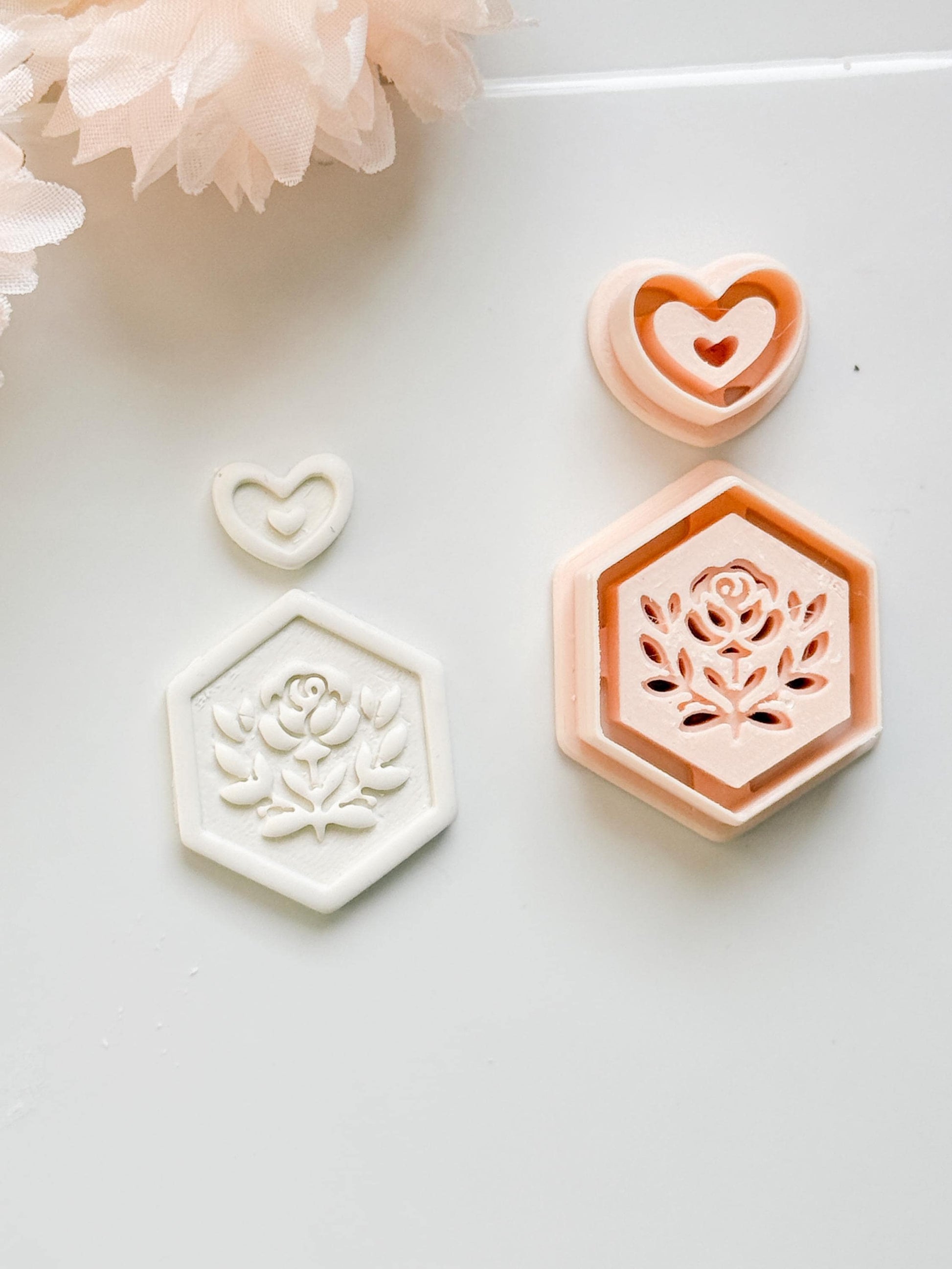 Rosa Hexa Clay Cutter Set: Hexagon Rose Embossed Design with Heart Accent