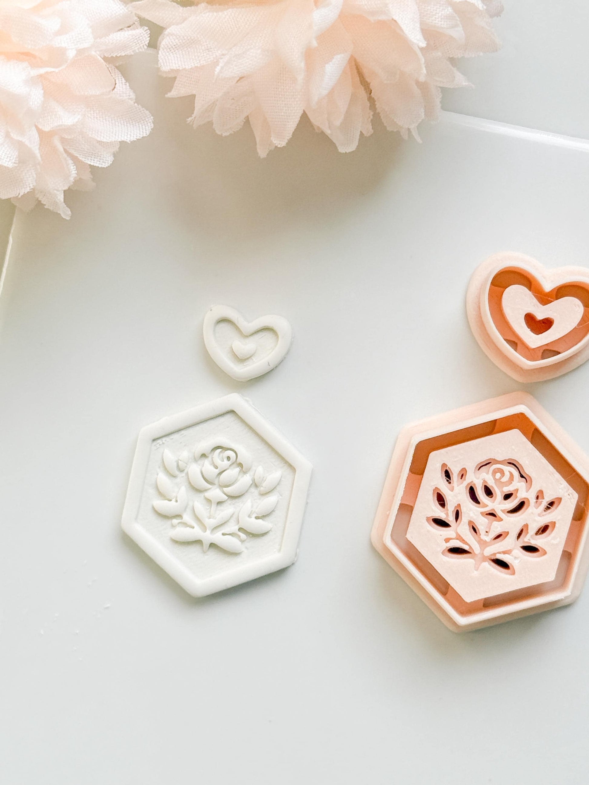 Rosa Hexa Clay Cutter Set: Hexagon Rose Embossed Design with Heart Accent