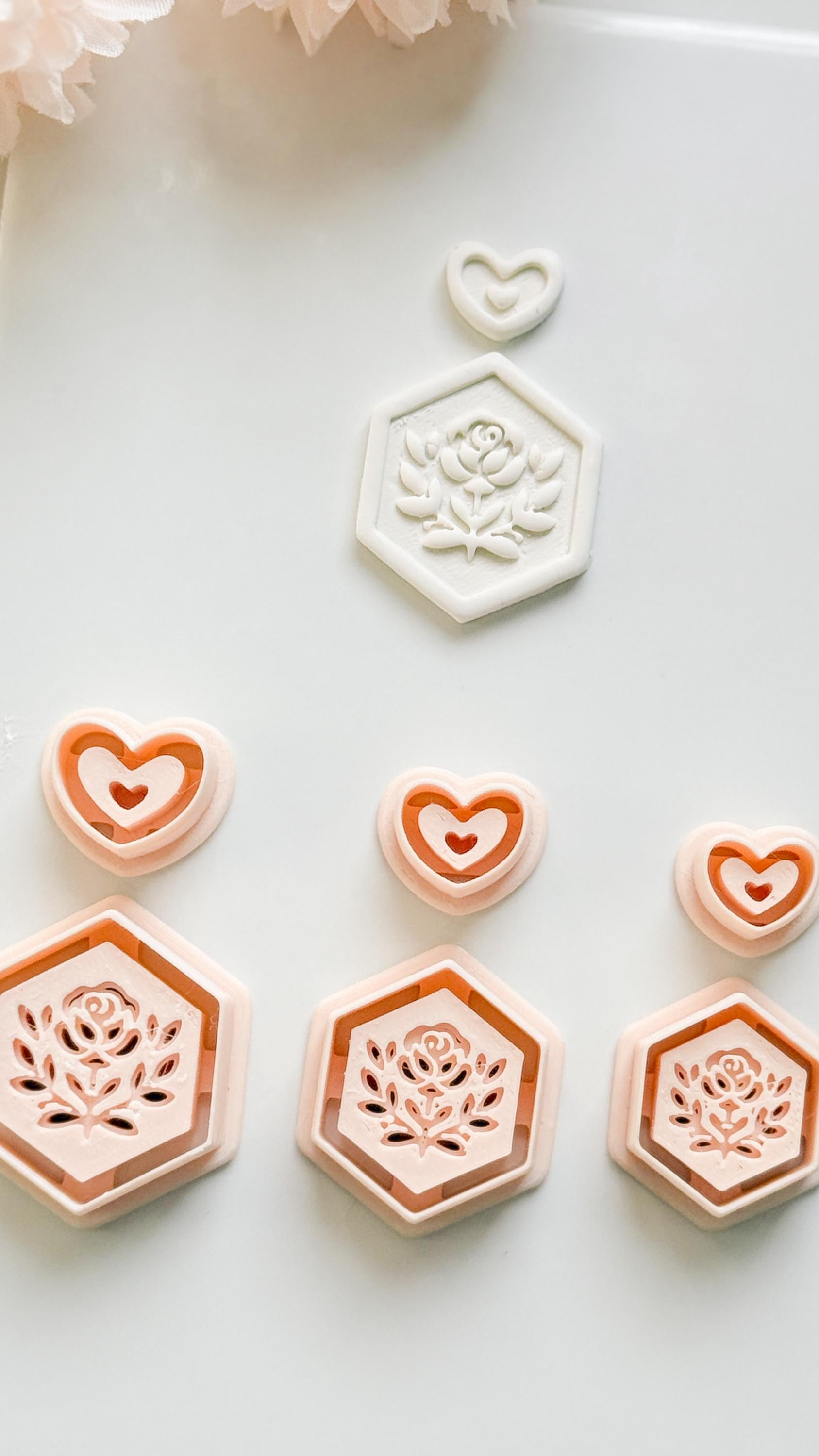 Rosa Hexa Clay Cutter Set: Hexagon Rose Embossed Design with Heart Accent