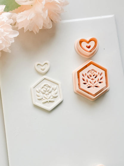 Rosa Hexa Clay Cutter Set: Hexagon Rose Embossed Design with Heart Accent