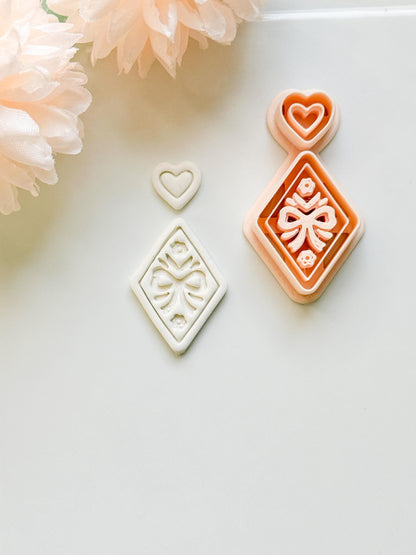 Ribbon Charm Clay Cutter Set: Diamond Bow Design with Heart Accent