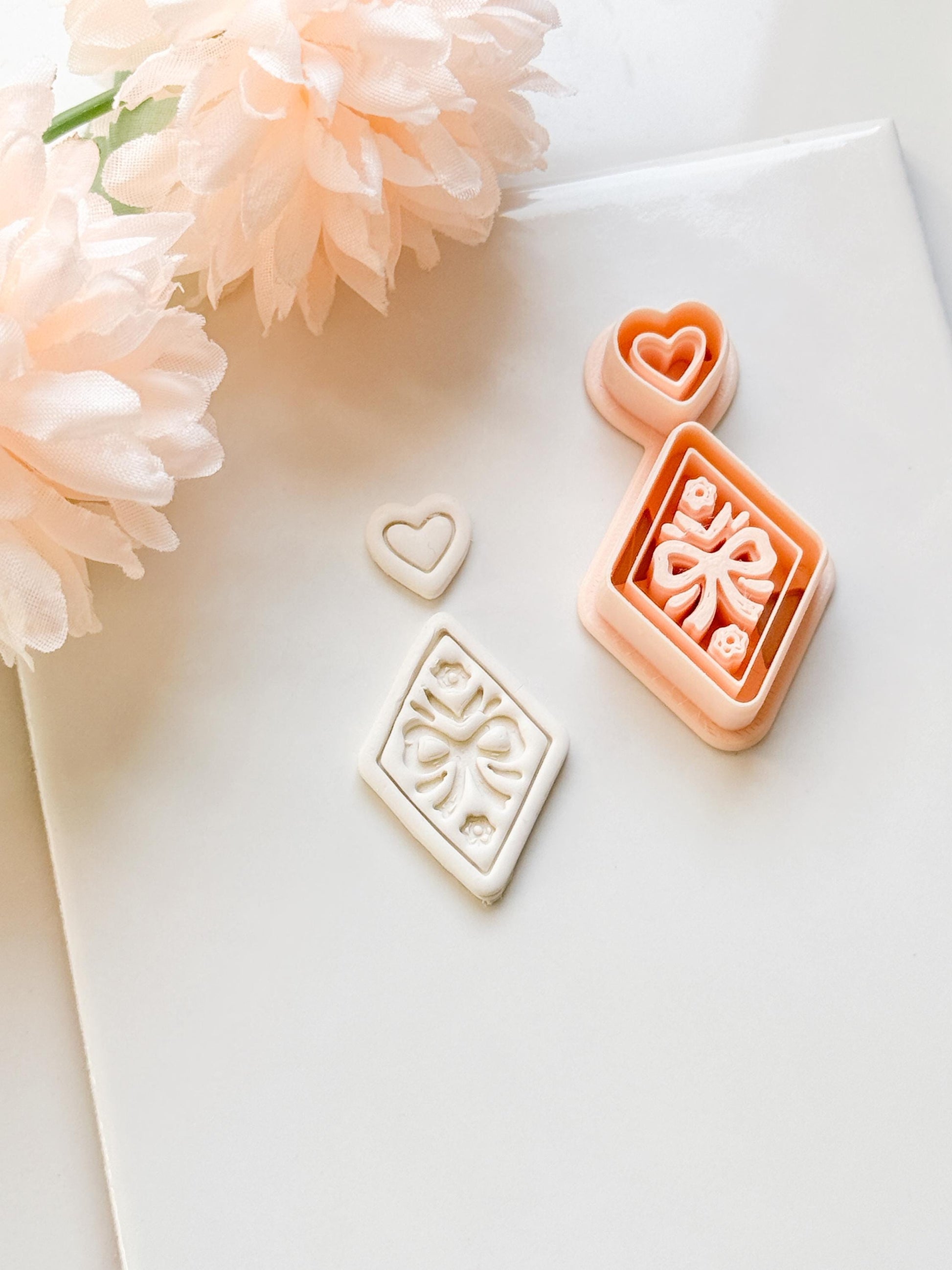 Ribbon Charm Clay Cutter Set: Diamond Bow Design with Heart Accent