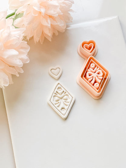 Ribbon Charm Clay Cutter Set: Diamond Bow Design with Heart Accent