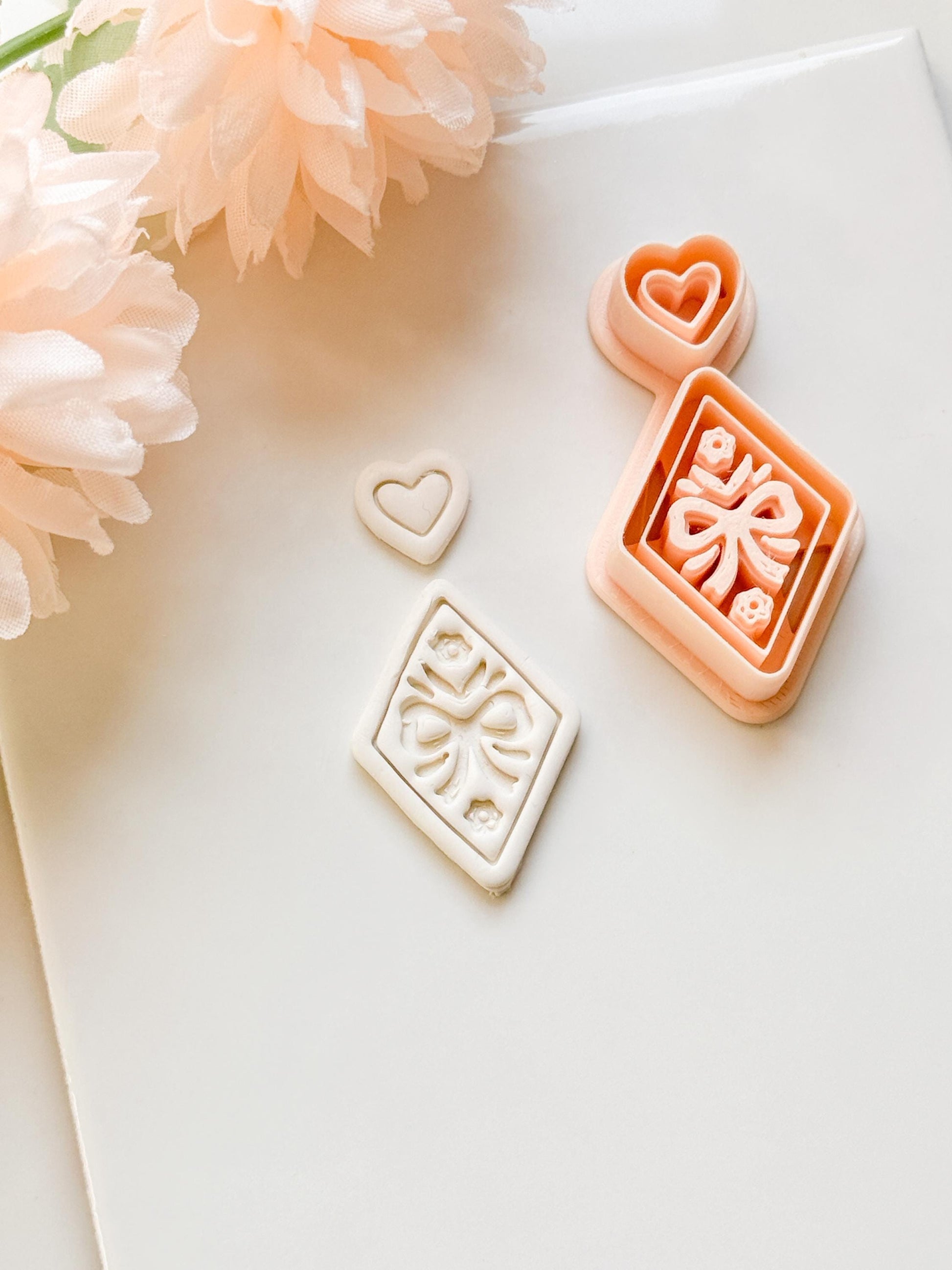Ribbon Charm Clay Cutter Set: Diamond Bow Design with Heart Accent