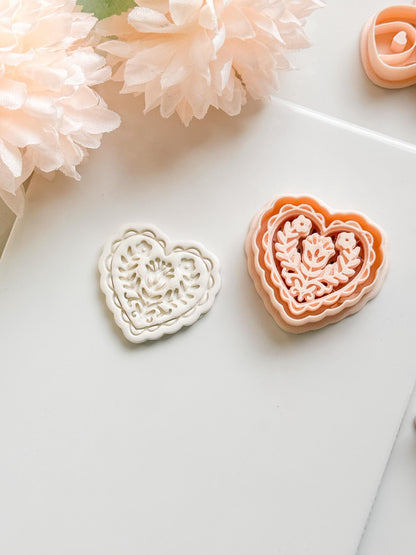 Folka Love Clay Cutter Set: Scalloped Heart with Floral Folk Pattern
