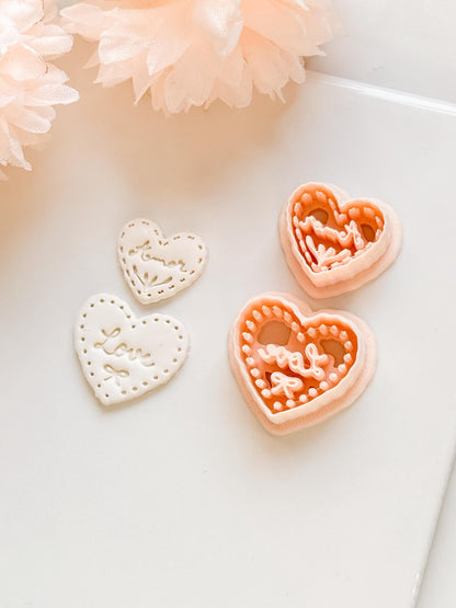 Amor & Love Script Dangle Clay Cutter Set: Heart Design with Lettered Embossing