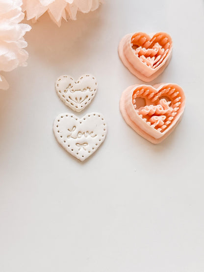 Amor & Love Script Dangle Clay Cutter Set: Heart Design with Lettered Embossing