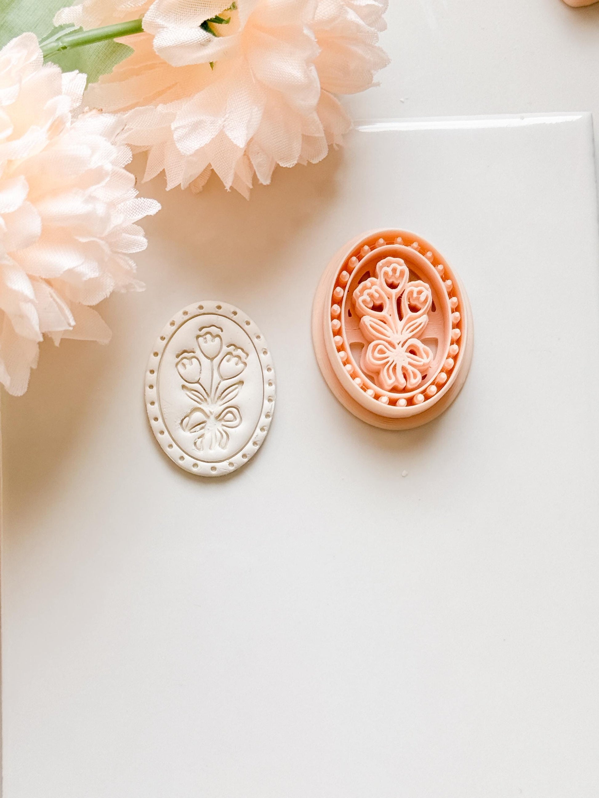 Tulip Cameo Clay Cutter Set: Oval Floral Design with Bow Embossing