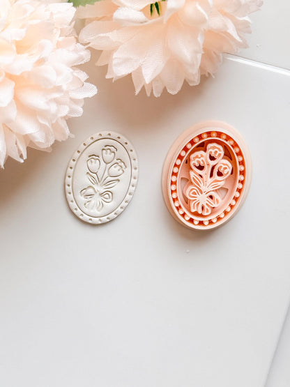Tulip Cameo Clay Cutter Set: Oval Floral Design with Bow Embossing