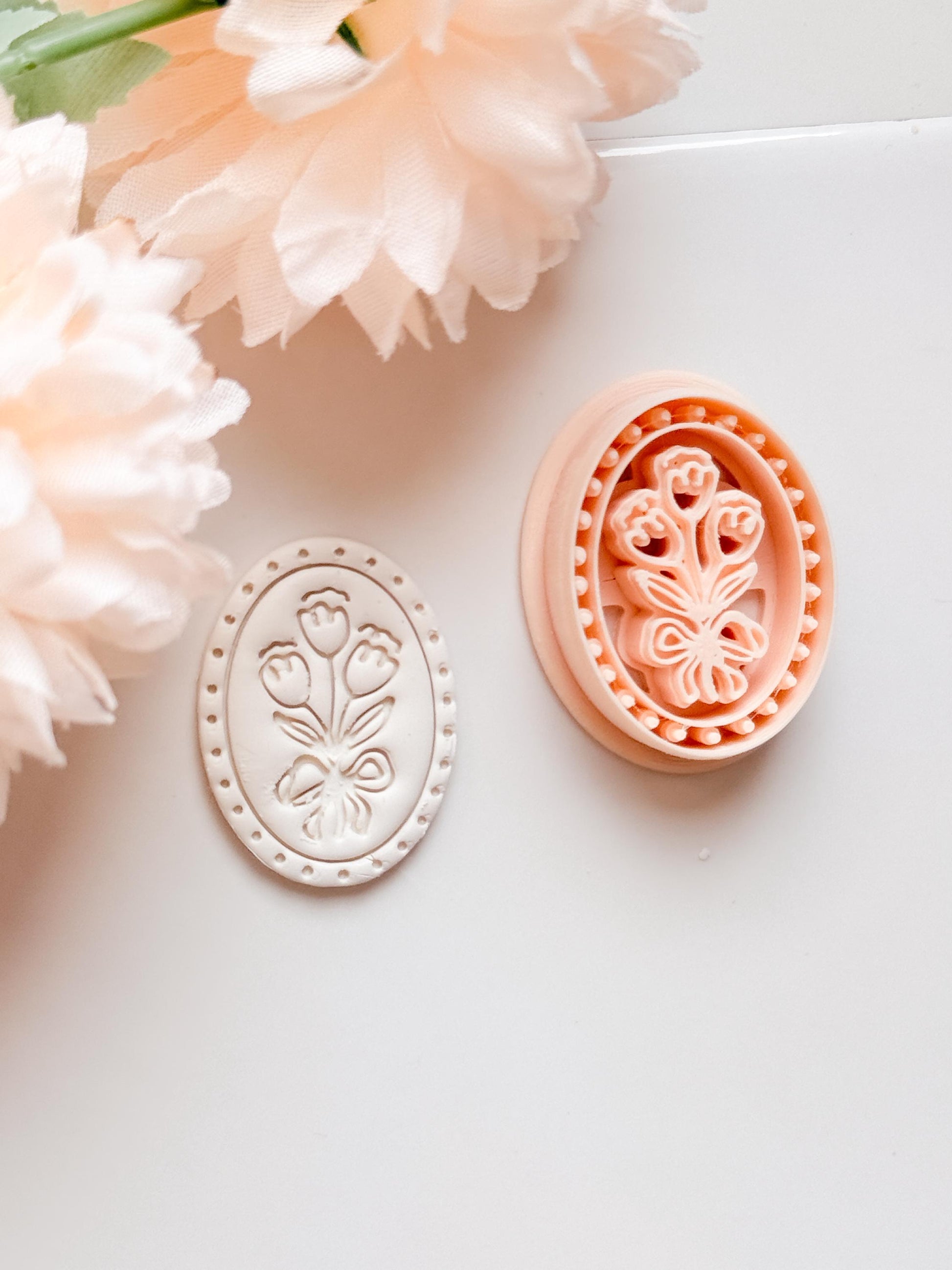 Tulip Cameo Clay Cutter Set: Oval Floral Design with Bow Embossing