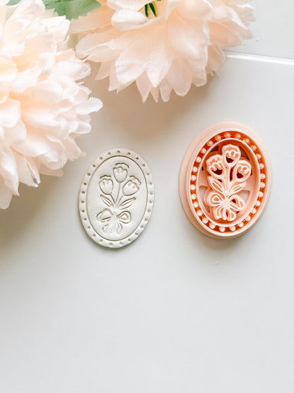 Tulip Cameo Clay Cutter Set: Oval Floral Design with Bow Embossing