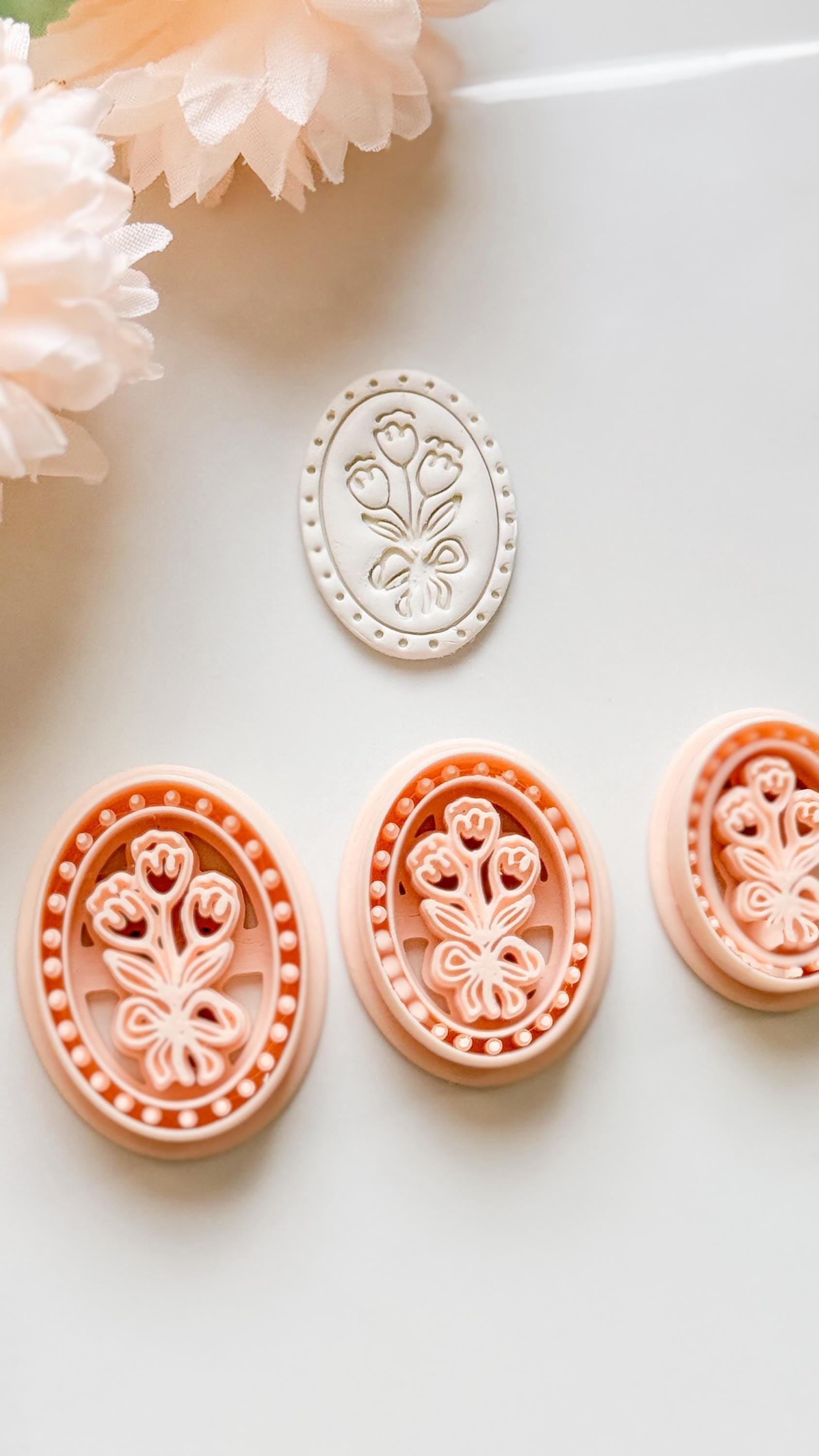 Tulip Cameo Clay Cutter Set: Oval Floral Design with Bow Embossing