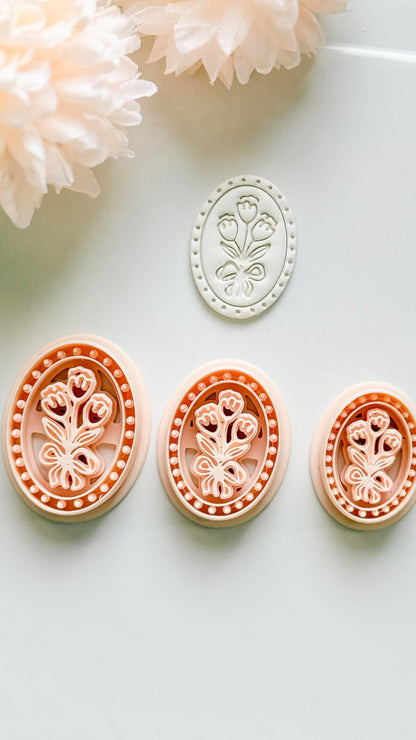 Tulip Cameo Clay Cutter Set: Oval Floral Design with Bow Embossing