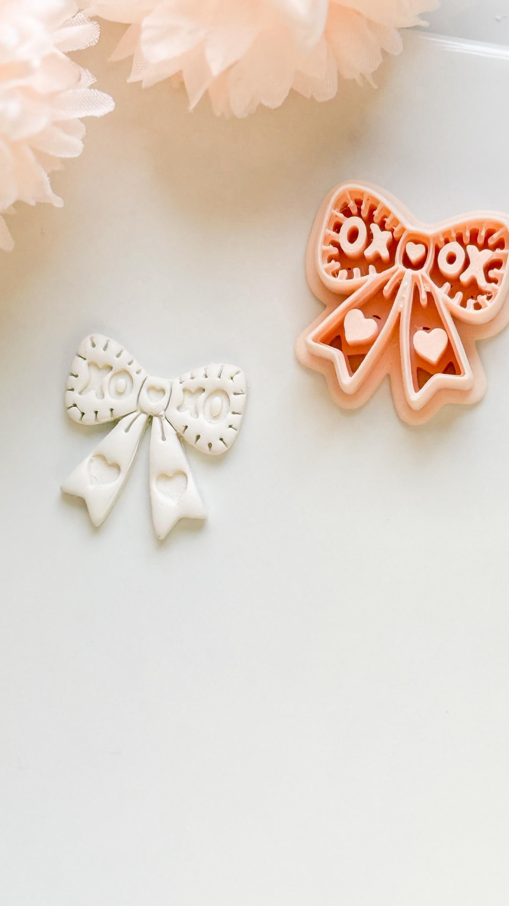 XOXO Bow Clay Cutter: Heart Ribbon Design with Script Embossing